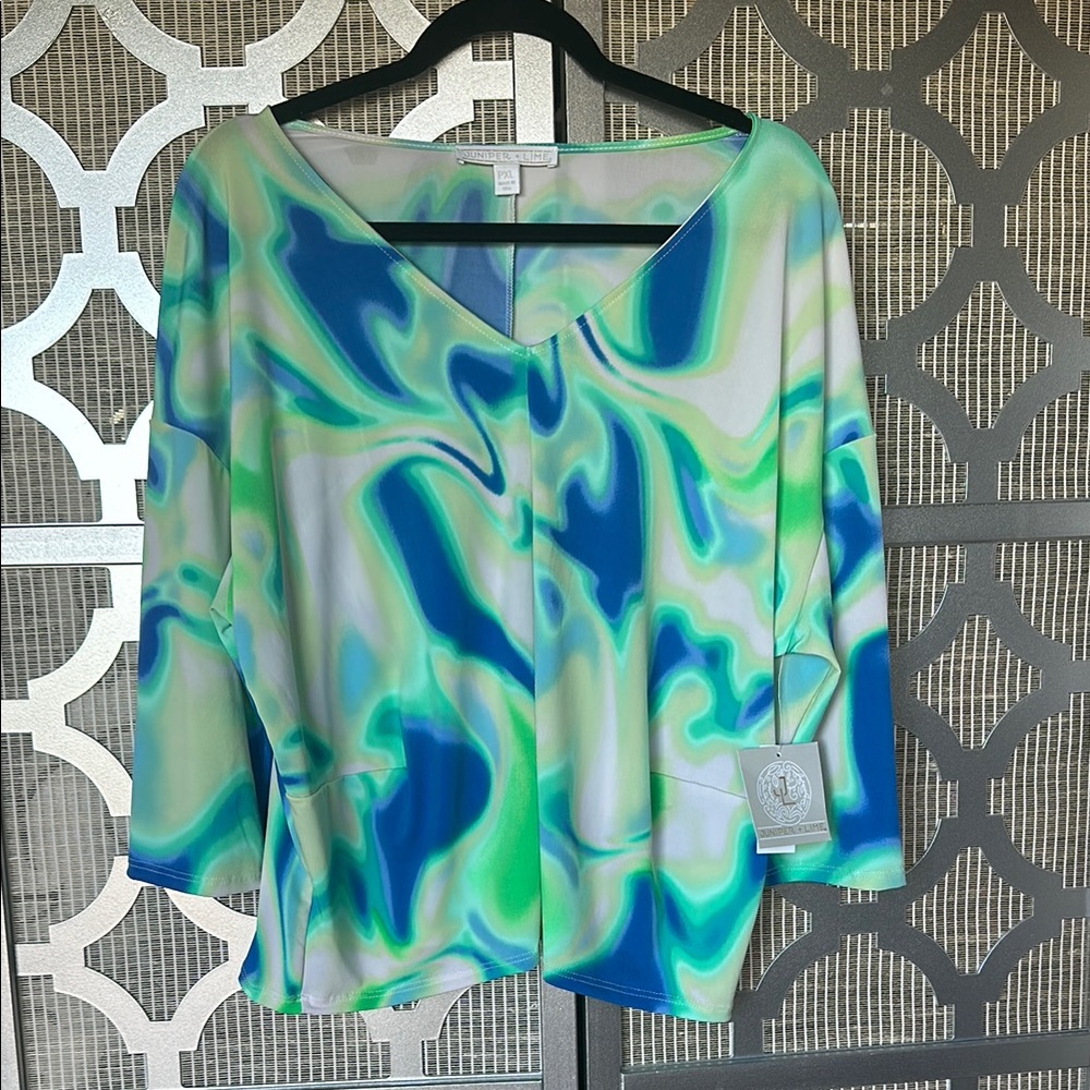 Relaxed Asymmetrical Blue and Green Blouse with 3/4 Sleeves